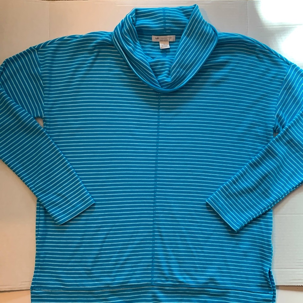 Liz Claiborne Weekend Cowl Neck Pullover Teal & White Stripped Soft Size Large